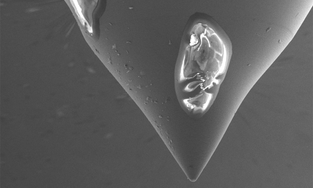 Posnetek vrstičnega elektronskega mikroskopa prikazuje onesnaženo vbrizgalno šobo za gorivo