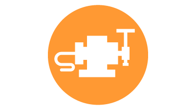 Weißes Symbol eines Werkzeugmesstasters für die industrielle In-Prozess-Automatisierung in einem orangefarbenen Kreis