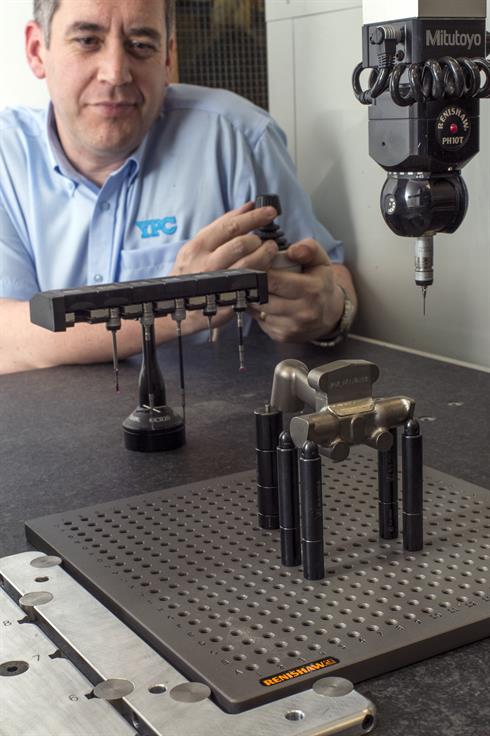 YPC case study: Renishaw’s metrology solutions in use, a CMM modular fixturing set-up, alongside PH10 motorised head and a probe rack